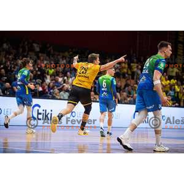 in action during second 1.NLB league semi-final handball match between Gorenje Velenje and Celje Pivovarna Lasko in Velenje, Slovenia on May 21, 2025.