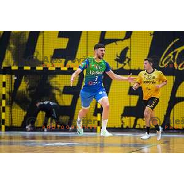 in action during second 1.NLB league semi-final handball match between Gorenje Velenje and Celje Pivovarna Lasko in Velenje, Slovenia on May 21, 2025.
