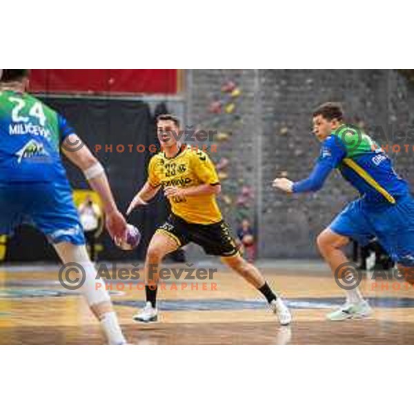 in action during second 1.NLB league semi-final handball match between Gorenje Velenje and Celje Pivovarna Lasko in Velenje, Slovenia on May 21, 2025.