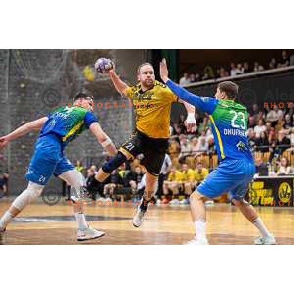in action during second 1.NLB league semi-final handball match between Gorenje Velenje and Celje Pivovarna Lasko in Velenje, Slovenia on May 21, 2025.