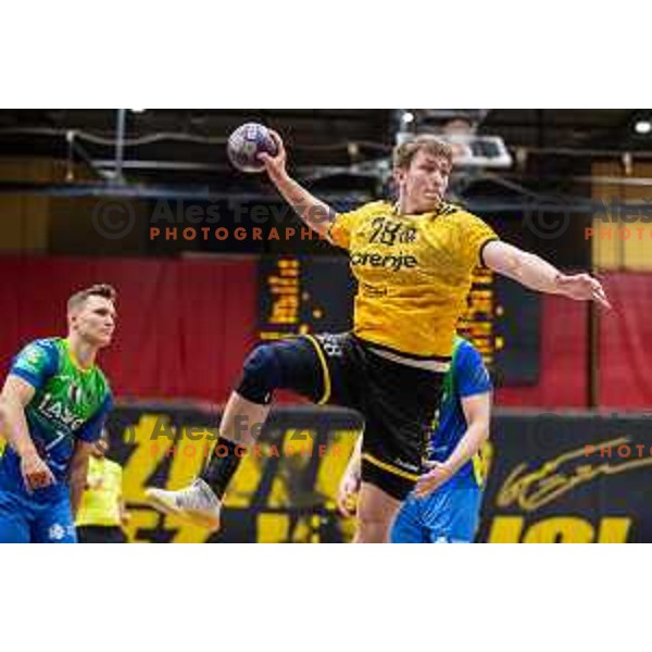in action during second 1.NLB league semi-final handball match between Gorenje Velenje and Celje Pivovarna Lasko in Velenje, Slovenia on May 21, 2025.