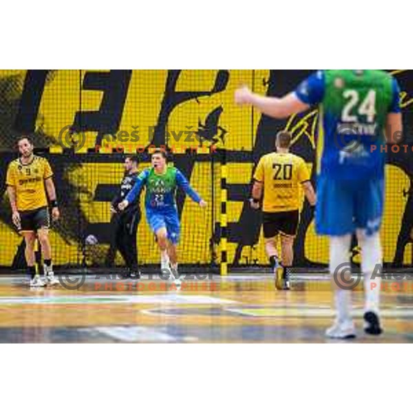 in action during second 1.NLB league semi-final handball match between Gorenje Velenje and Celje Pivovarna Lasko in Velenje, Slovenia on May 21, 2025.