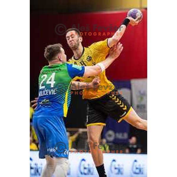 in action during second 1.NLB league semi-final handball match between Gorenje Velenje and Celje Pivovarna Lasko in Velenje, Slovenia on May 21, 2025.