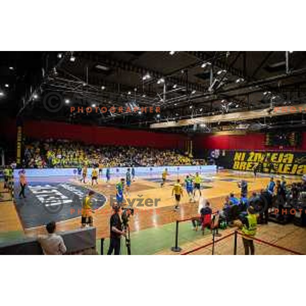 in action during second 1.NLB league semi-final handball match between Gorenje Velenje and Celje Pivovarna Lasko in Velenje, Slovenia on May 21, 2025.