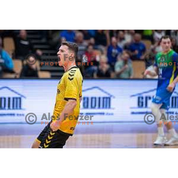 in action during second 1.NLB league semi-final handball match between Gorenje Velenje and Celje Pivovarna Lasko in Velenje, Slovenia on May 21, 2025.