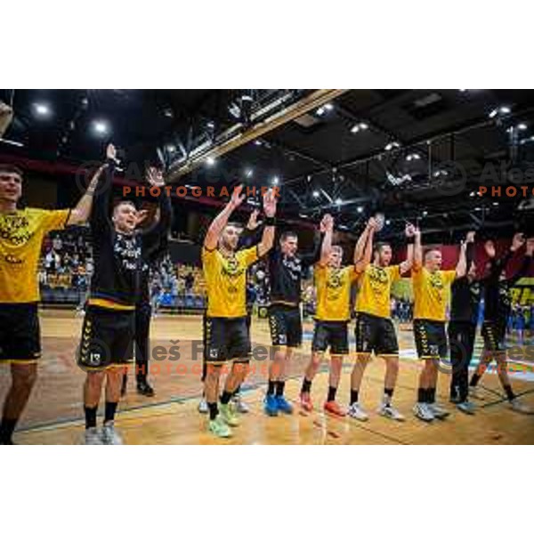 in action during second 1.NLB league semi-final handball match between Gorenje Velenje and Celje Pivovarna Lasko in Velenje, Slovenia on May 21, 2025.