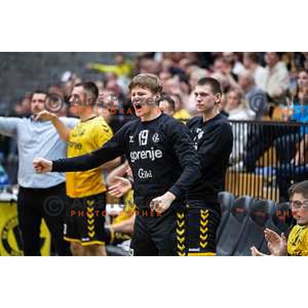 in action during second 1.NLB league semi-final handball match between Gorenje Velenje and Celje Pivovarna Lasko in Velenje, Slovenia on May 21, 2025.