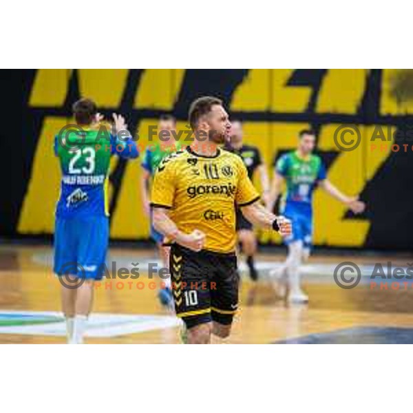 in action during second 1.NLB league semi-final handball match between Gorenje Velenje and Celje Pivovarna Lasko in Velenje, Slovenia on May 21, 2025.