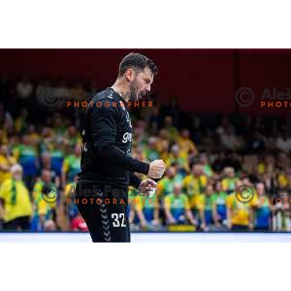 in action during second 1.NLB league semi-final handball match between Gorenje Velenje and Celje Pivovarna Lasko in Velenje, Slovenia on May 21, 2025.