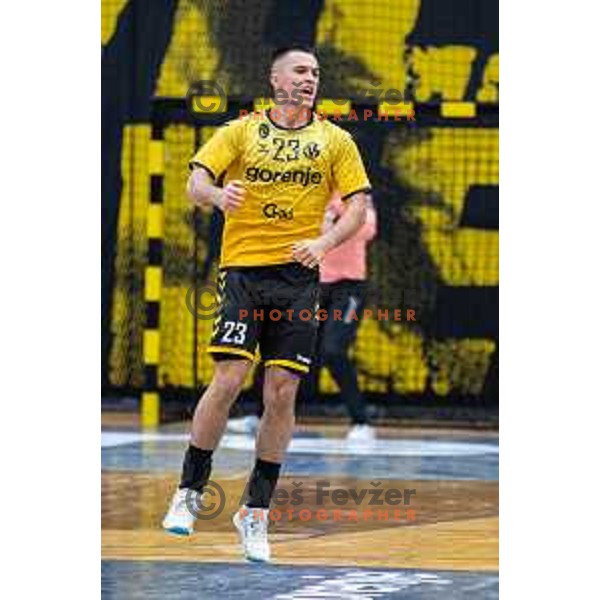 in action during second 1.NLB league semi-final handball match between Gorenje Velenje and Celje Pivovarna Lasko in Velenje, Slovenia on May 21, 2025.