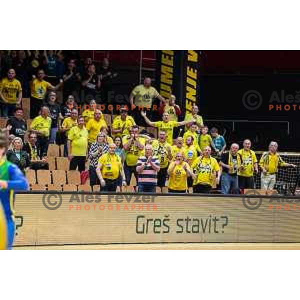 in action during second 1.NLB league semi-final handball match between Gorenje Velenje and Celje Pivovarna Lasko in Velenje, Slovenia on May 21, 2025.