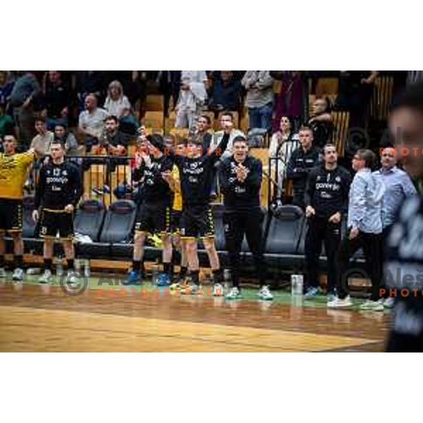 in action during second 1.NLB league semi-final handball match between Gorenje Velenje and Celje Pivovarna Lasko in Velenje, Slovenia on May 21, 2025.