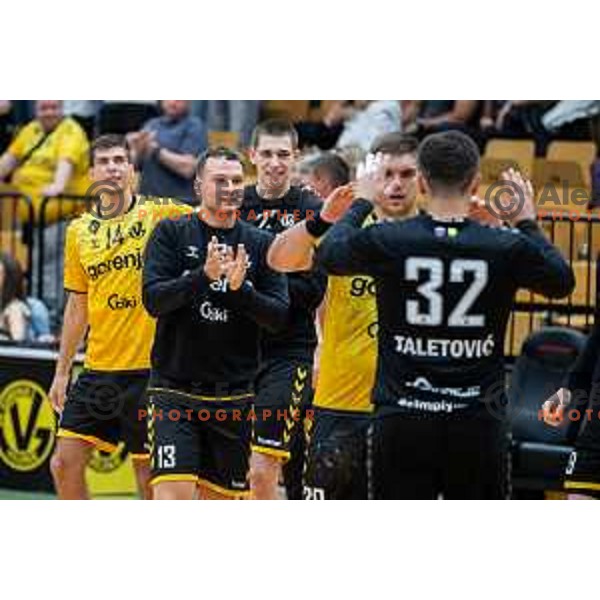 in action during second 1.NLB league semi-final handball match between Gorenje Velenje and Celje Pivovarna Lasko in Velenje, Slovenia on May 21, 2025.