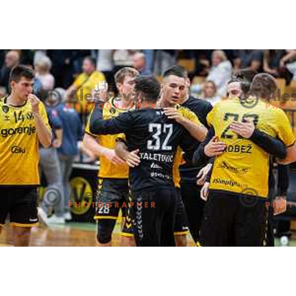 in action during second 1.NLB league semi-final handball match between Gorenje Velenje and Celje Pivovarna Lasko in Velenje, Slovenia on May 21, 2025.