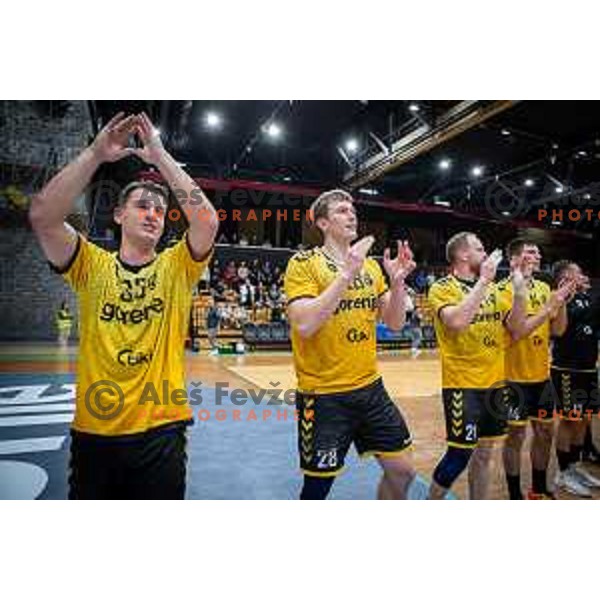 in action during second 1.NLB league semi-final handball match between Gorenje Velenje and Celje Pivovarna Lasko in Velenje, Slovenia on May 21, 2025.