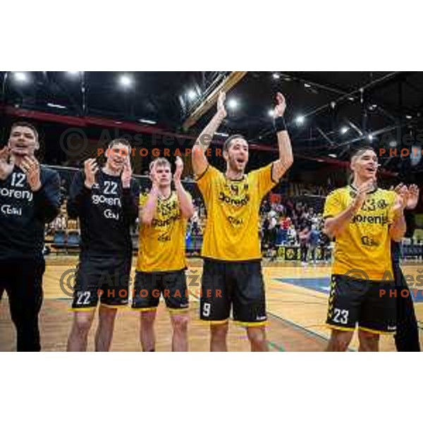 in action during second 1.NLB league semi-final handball match between Gorenje Velenje and Celje Pivovarna Lasko in Velenje, Slovenia on May 21, 2025.