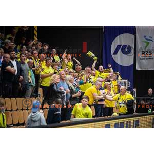in action during second 1.NLB league semi-final handball match between Gorenje Velenje and Celje Pivovarna Lasko in Velenje, Slovenia on May 21, 2025.