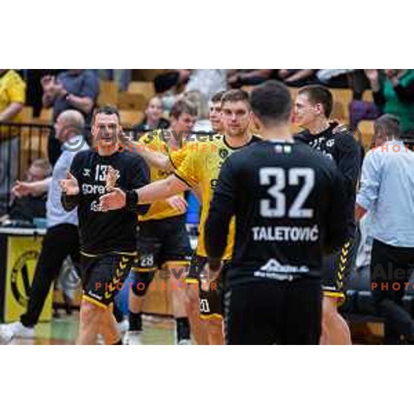 in action during second 1.NLB league semi-final handball match between Gorenje Velenje and Celje Pivovarna Lasko in Velenje, Slovenia on May 21, 2025.