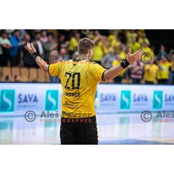 in action during second 1.NLB league semi-final handball match between Gorenje Velenje and Celje Pivovarna Lasko in Velenje, Slovenia on May 21, 2025.