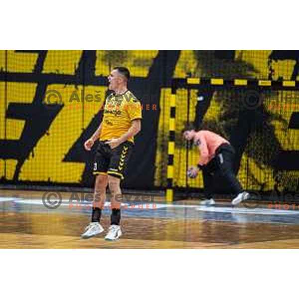 in action during second 1.NLB league semi-final handball match between Gorenje Velenje and Celje Pivovarna Lasko in Velenje, Slovenia on May 21, 2025.