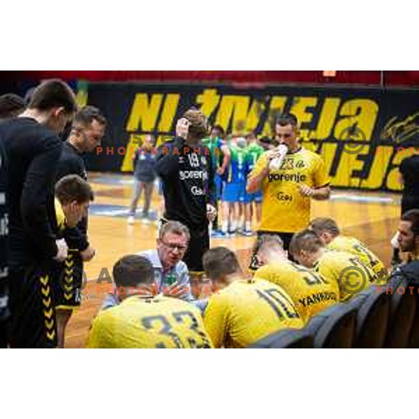 in action during second 1.NLB league semi-final handball match between Gorenje Velenje and Celje Pivovarna Lasko in Velenje, Slovenia on May 21, 2025.