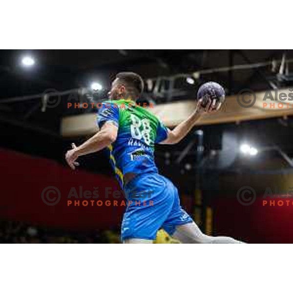 in action during second 1.NLB league semi-final handball match between Gorenje Velenje and Celje Pivovarna Lasko in Velenje, Slovenia on May 21, 2025.