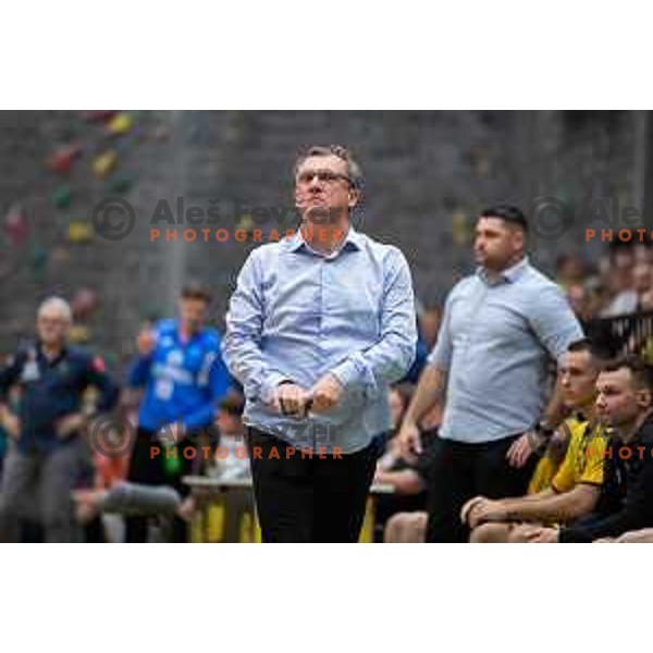 in action during second 1.NLB league semi-final handball match between Gorenje Velenje and Celje Pivovarna Lasko in Velenje, Slovenia on May 21, 2025.