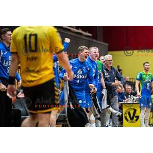 in action during second 1.NLB league semi-final handball match between Gorenje Velenje and Celje Pivovarna Lasko in Velenje, Slovenia on May 21, 2025.