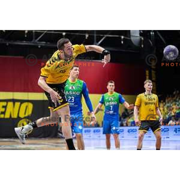 in action during second 1.NLB league semi-final handball match between Gorenje Velenje and Celje Pivovarna Lasko in Velenje, Slovenia on May 21, 2025.
