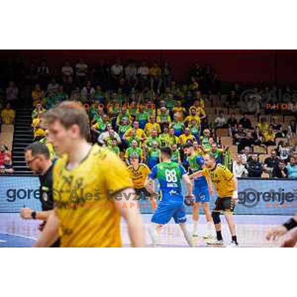 in action during second 1.NLB league semi-final handball match between Gorenje Velenje and Celje Pivovarna Lasko in Velenje, Slovenia on May 21, 2025.