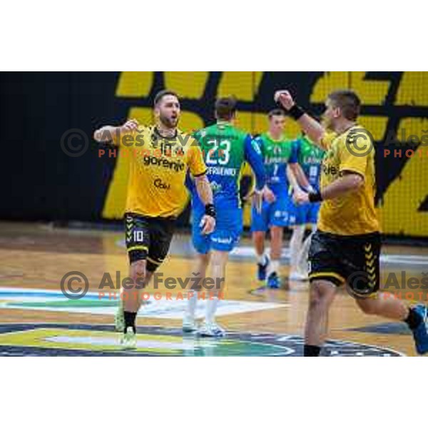 in action during second 1.NLB league semi-final handball match between Gorenje Velenje and Celje Pivovarna Lasko in Velenje, Slovenia on May 21, 2025.