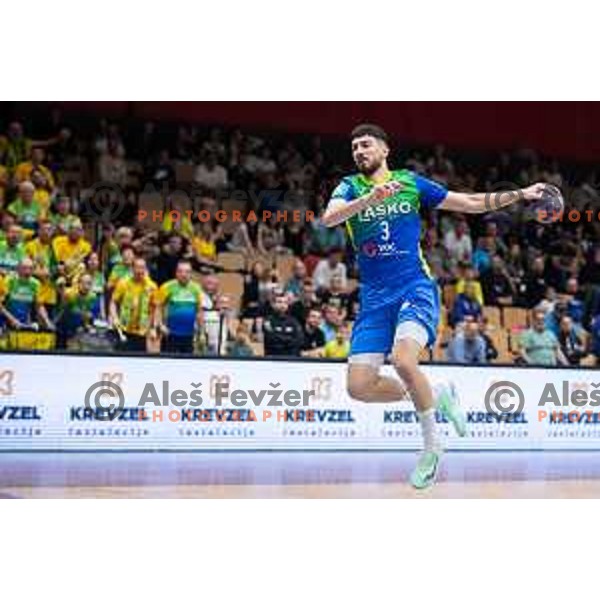 in action during second 1.NLB league semi-final handball match between Gorenje Velenje and Celje Pivovarna Lasko in Velenje, Slovenia on May 21, 2025.
