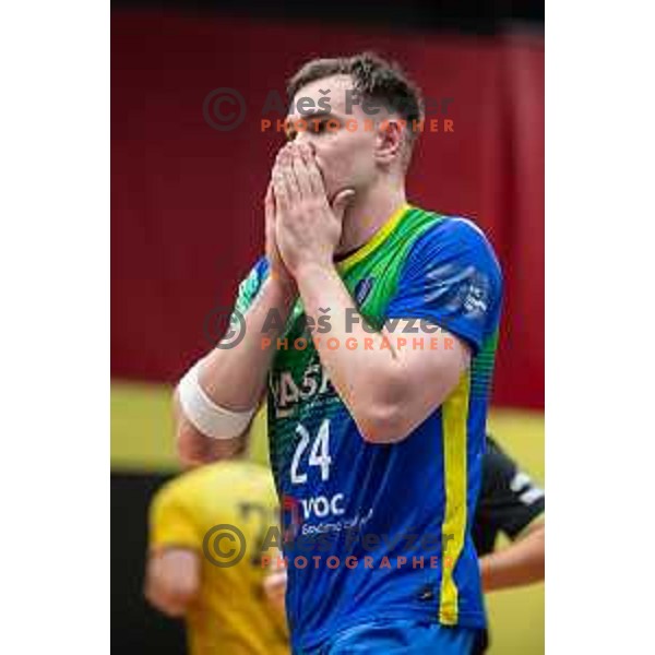 in action during second 1.NLB league semi-final handball match between Gorenje Velenje and Celje Pivovarna Lasko in Velenje, Slovenia on May 21, 2025.