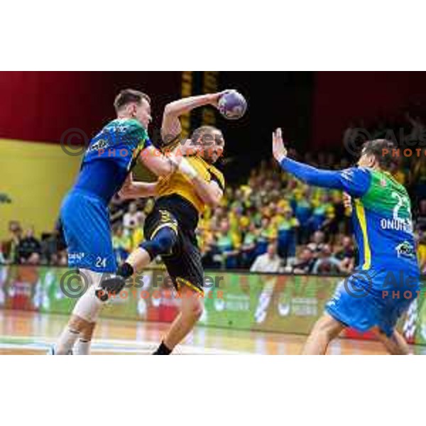 in action during second 1.NLB league semi-final handball match between Gorenje Velenje and Celje Pivovarna Lasko in Velenje, Slovenia on May 21, 2025.