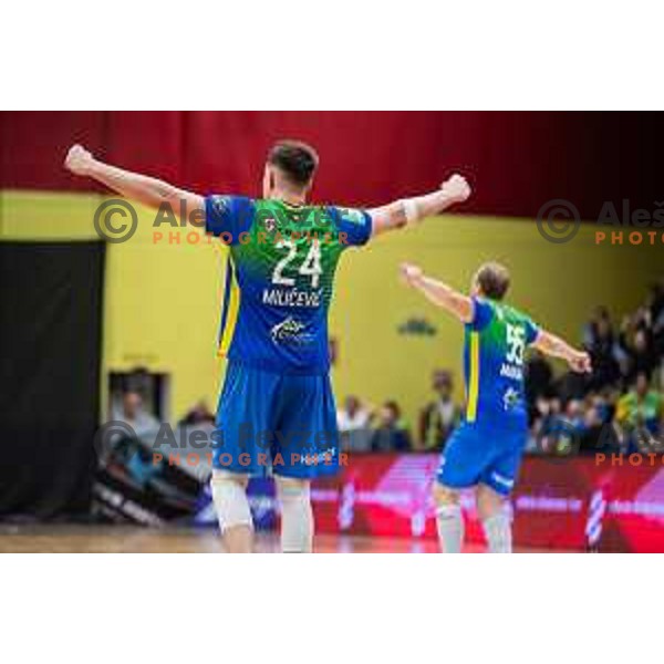 in action during second 1.NLB league semi-final handball match between Gorenje Velenje and Celje Pivovarna Lasko in Velenje, Slovenia on May 21, 2025.