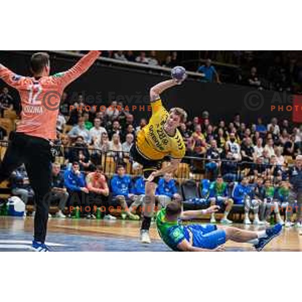 in action during second 1.NLB league semi-final handball match between Gorenje Velenje and Celje Pivovarna Lasko in Velenje, Slovenia on May 21, 2025.