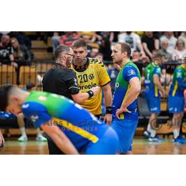 in action during second 1.NLB league semi-final handball match between Gorenje Velenje and Celje Pivovarna Lasko in Velenje, Slovenia on May 21, 2025.