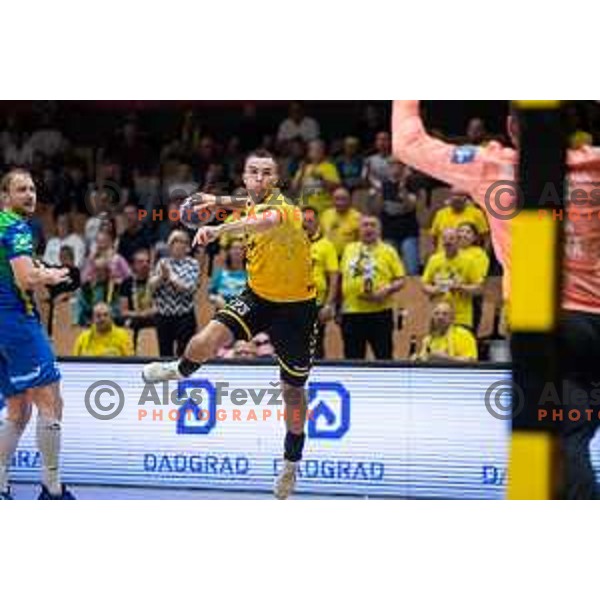 in action during second 1.NLB league semi-final handball match between Gorenje Velenje and Celje Pivovarna Lasko in Velenje, Slovenia on May 21, 2025.