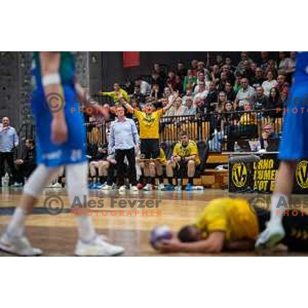 in action during second 1.NLB league semi-final handball match between Gorenje Velenje and Celje Pivovarna Lasko in Velenje, Slovenia on May 21, 2025.