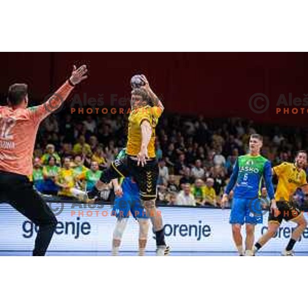 in action during second 1.NLB league semi-final handball match between Gorenje Velenje and Celje Pivovarna Lasko in Velenje, Slovenia on May 21, 2025.