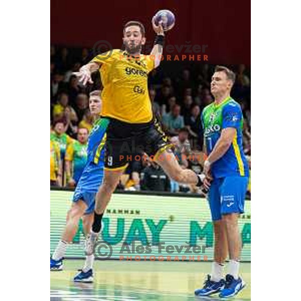 in action during second 1.NLB league semi-final handball match between Gorenje Velenje and Celje Pivovarna Lasko in Velenje, Slovenia on May 21, 2025.