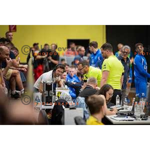 in action during second 1.NLB league semi-final handball match between Gorenje Velenje and Celje Pivovarna Lasko in Velenje, Slovenia on May 21, 2025.