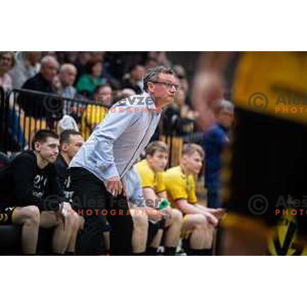 in action during second 1.NLB league semi-final handball match between Gorenje Velenje and Celje Pivovarna Lasko in Velenje, Slovenia on May 21, 2025.