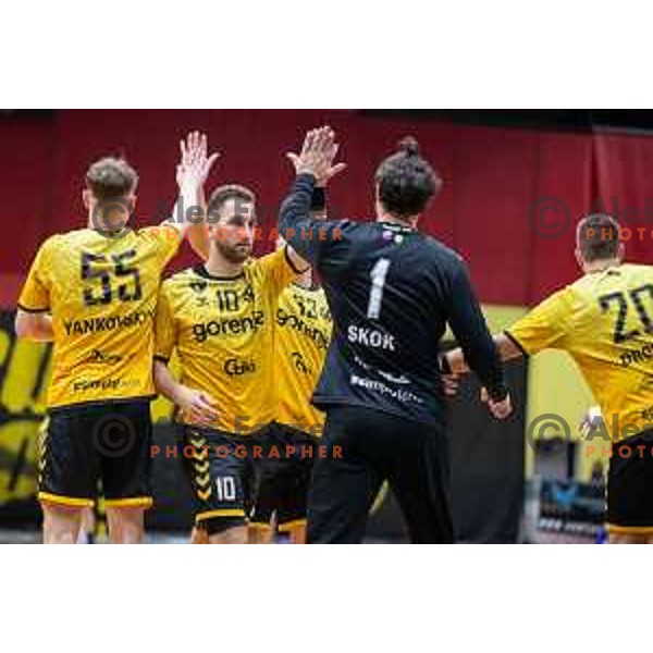 in action during second 1.NLB league semi-final handball match between Gorenje Velenje and Celje Pivovarna Lasko in Velenje, Slovenia on May 21, 2025.