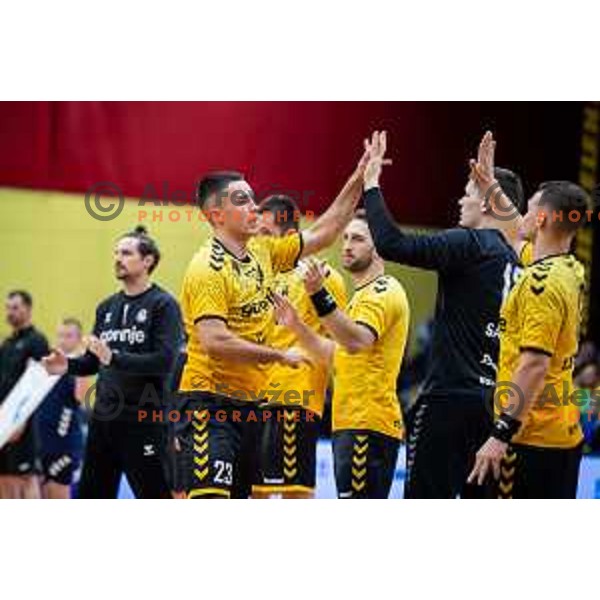 in action during second 1.NLB league semi-final handball match between Gorenje Velenje and Celje Pivovarna Lasko in Velenje, Slovenia on May 21, 2025.