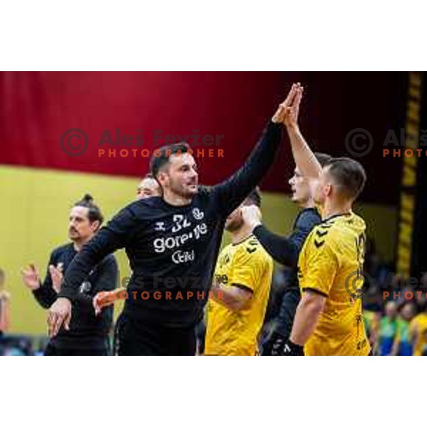 in action during second 1.NLB league semi-final handball match between Gorenje Velenje and Celje Pivovarna Lasko in Velenje, Slovenia on May 21, 2025.