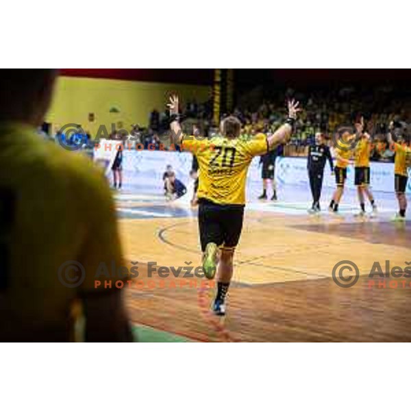 in action during second 1.NLB league semi-final handball match between Gorenje Velenje and Celje Pivovarna Lasko in Velenje, Slovenia on May 21, 2025.