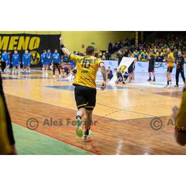 in action during second 1.NLB league semi-final handball match between Gorenje Velenje and Celje Pivovarna Lasko in Velenje, Slovenia on May 21, 2025.