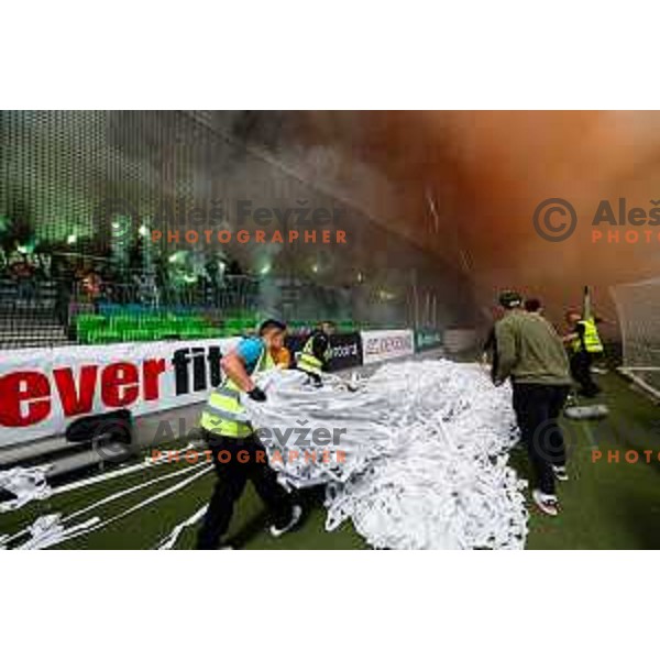 Fans of Olimpija celebrate Slovenian National Title after the Prva liga Telemach 2024/2025 football match between Bravo and Olimpija in Ljubljana, Slovenia on May 24, 2025