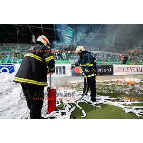 Fans of Olimpija celebrate Slovenian National Title after the Prva liga Telemach 2024/2025 football match between Bravo and Olimpija in Ljubljana, Slovenia on May 24, 2025